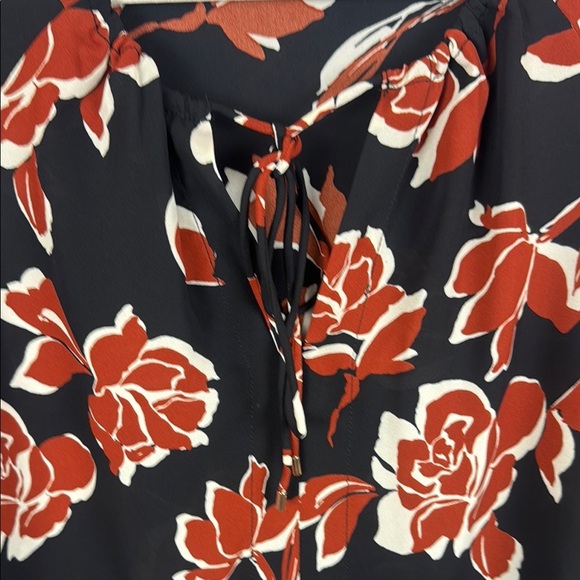 CeCe Floral Black and Orange 3/4 Flare Sleeve Tie Front Blouse - Picture 7 of 10